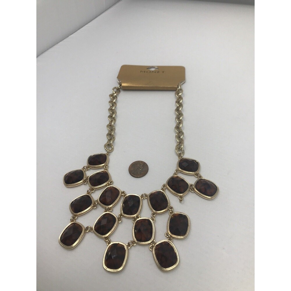 NEW MONET Bib Necklace Brown Tone Faceted Crystals Gold Tone NWT